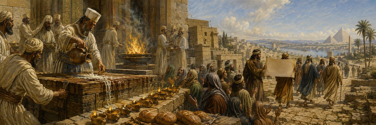 Messengers carry a blank festival letter toward Egypt while Jerusalem's priests rekindle the altar during dedication